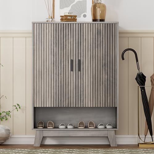 Shoe Cabinet Storage for Entryway, 5 Tier Fluted Shoe Storage Cabinet with Wooden Legs, Narrow Hidden Shoe Organizer with Adjustable Shelves, Freestanding Shoe Rack for Entryway, Hallway, Grey - color: Grey, size: 5 Tier