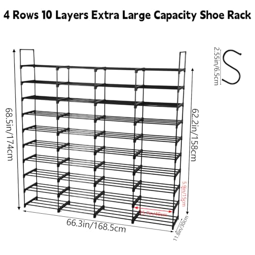 Extra Large Shoe Rack – 4 Columns × 10 Tiers, Holds Up to 72–80 Pairs – Heavy-Duty Stackable Metal Shoe Organizer for Entryway, Closet, Garage