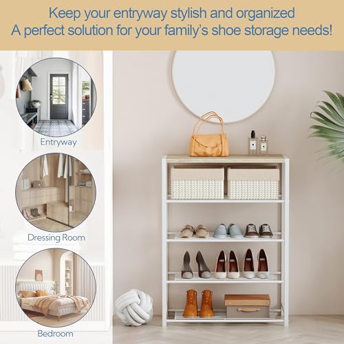 Yusong Shoe Rack Organizer, 5 Tier Industrial Shoe Storage Shelf, Narrow Sturdy Metal Shoe Shelves for Closet Entryway, White - color: White, size: 5 Tier