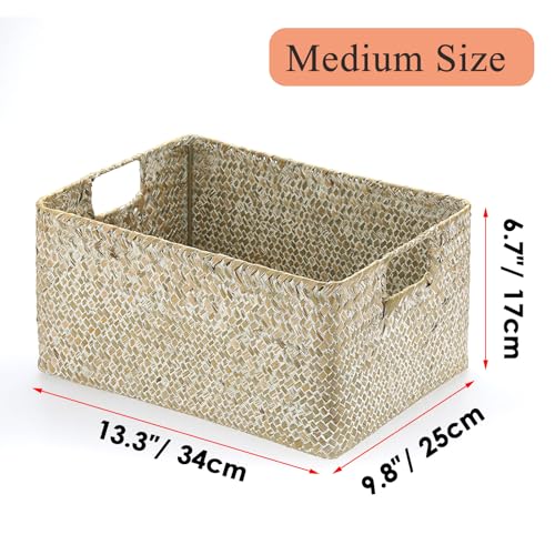Hipiwe Seagrass Storage Basket Bin Rectangular Handwoven Wicker Storage Box with Handle Opened Baskets for Shelf Organizing Closet Bathroom, 13.3 x 9.8 x 6.7 Inch - color: Whitewash, size: Medium,13.4"x9.4"x 6.7"