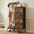 Lewondr Dresser with Hanging Rack and Storage Drawers, 4 Drawer Chest with Hooks and Hat Rack, Rustic Entryway Organizer for Clothes, Bags, Shoes and Accessories, Brown Wood Finish