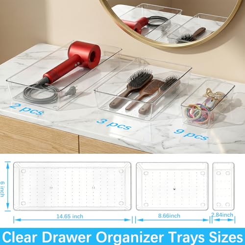 14 Pcs Clear Plastic Drawer Organizer Tray with 2 Pcs 15"x6" Extra Large Trays, Multi-Purpose Storage Bins for Vanity, Makeup, Kitchen Utensils, Bathroom, Office Desk, Auto Tools & Craft Supplies - size: 2 Pack 15×6", 3 Pack 9×6", 9 Pack 3×6"