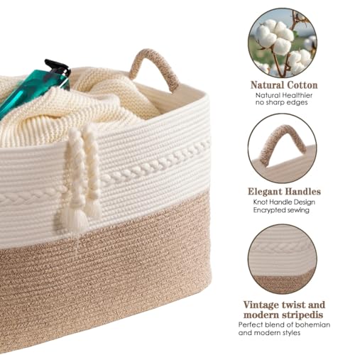 Extra large laundry basket woven from natural cotton rope with handles storage blankets for living rome big decorative quilted baskets for clothes toys pillows hamper 24"x16"x14" white/brown - color: white/Brown, size: 87L 24"x16"x14"