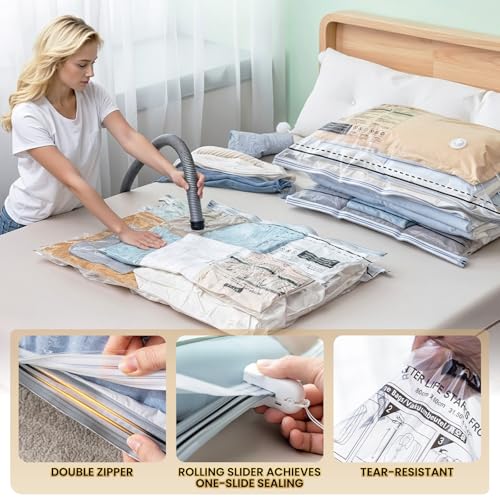 TAILI 10 Pack Vacuum Storage Bags, LONG SIDE ZIP (5 Large+5 Jumbo), Multi-Size Vacuum Seal Bags for Clothing, Storage Bulky Beddings, Comforters and Clothes, Space Saver for Closet Organization - size: 10 Combo
