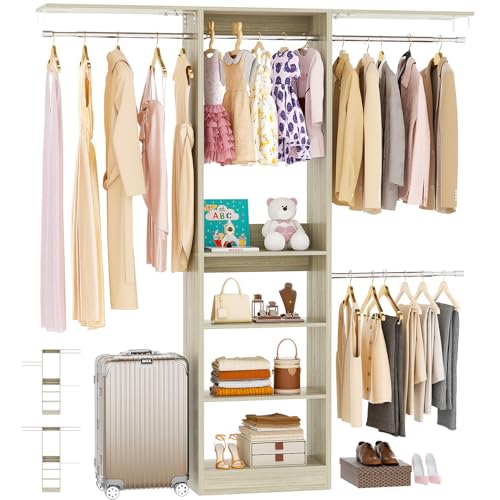 Besiost 48" Closet Organizer System, 4FT Closet System for Small Closets with 4 Hanging Rods & 3 Shelves, 80"H Small Closet Organizers and Storage for Bedrooms, Cloakrooms, White Oak - color: White Oak