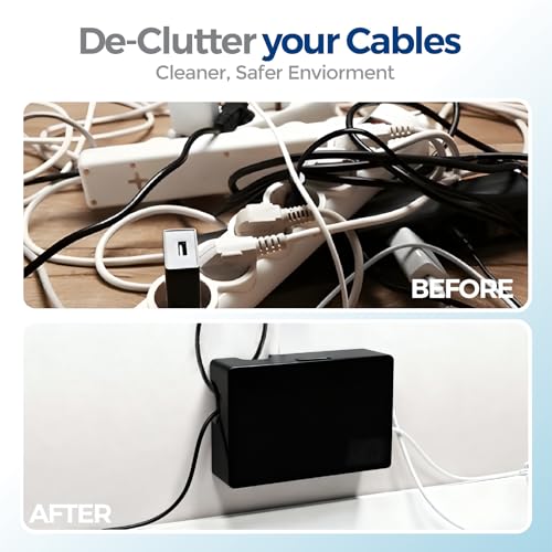 Cable Management Box with Included Mounting Hardware – ABS Cord Organizer (12,7 x 7,8 x 4,5 in) | Heat-Tolerant Power Strip & Cable Storage | Wall-Mountable or Floor Use - color: Black