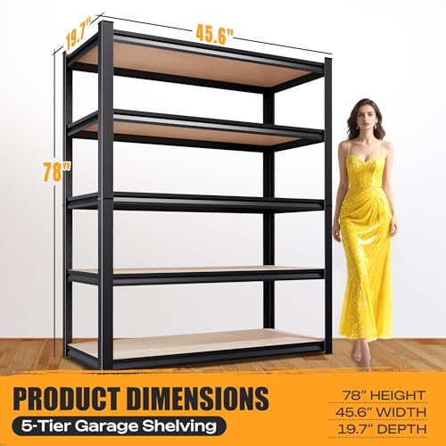 AOARGG 78"H-45.6"W Garage Shelving Heavy Duty Storage Shelves, Metal Adjustable Shelving Unit, Utility Garage Organizer Shelf for Basement, Pantry, Kitchen, Warehouse, 45.6"W x 19.7"D x 78"H - size: 5-Wood-19.7"Dx45.6"Wx78"H