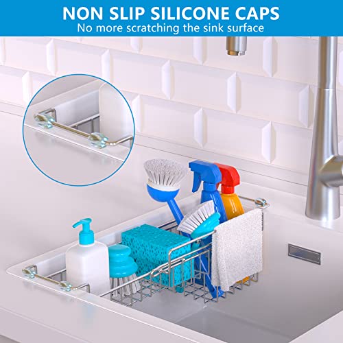 Over The Kitchen Sink Caddy Sponge Holder Organizer Drying Rack Expandable for Sponge Brush Soap Dish Cloth Rag, Stainless Steel (12.25" to 17.25") - size: 12.25" to 17.25"