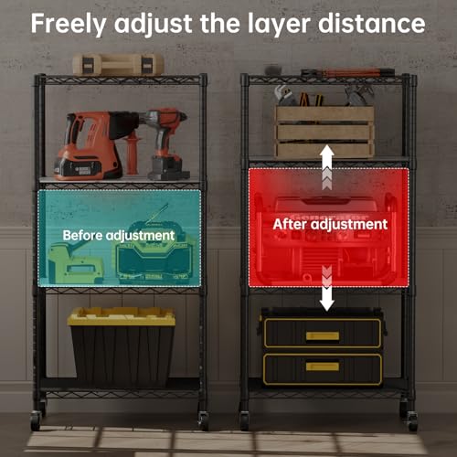 SINGAYE 4 Shelf Storage Wire Shelves Closet Bathroom Organizers Metal Pantry Kitchen Garage Shelving Unit Laundry Room Organization Home Narrow Rack Net Basket with Wheels Black - color: Black, size: 4Tier/14"D X 24"W X 49"H