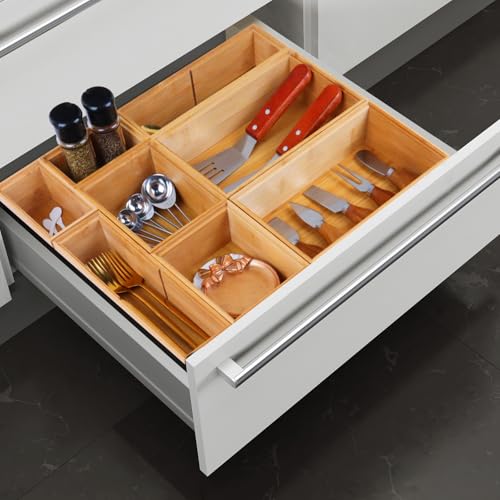 Bamboo Drawer Organizer Set, 8 PCS Multi-Use Wood Drawer Storage Boxes, Junk Drawer Organizer Divider Bins for Kitchen, Bathroom, Office Desk, Makeup, Jewelry, Utensils - color: Natural, size: 8PCS