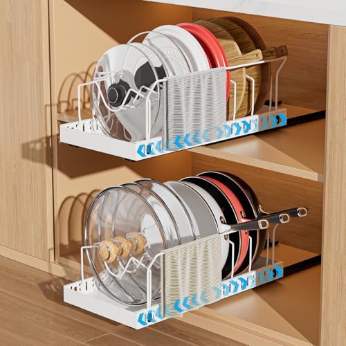 Pull-Out Pots and Pans Organizer, 2 Pack Under Cabinet Pot Lid Holder, Slide Lid Organizers Inside Cabinet, Pot Lid Organizer with 8 Adjustable Dividers & Handle Bracket - White - color: White, size: 8 Dividers-2 Pack