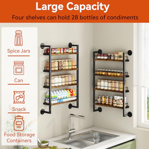 IBUYKE Spice Rack Wall Mount,4 Tier Hanging Seasoning Organizer,Large Spice Rack for Wall for up to 50 Jars,Spice Organization for Kitchen Cabinet,Bathroom,Pantry,Living Room,Brown TLJ016H - color: Rustic Brown