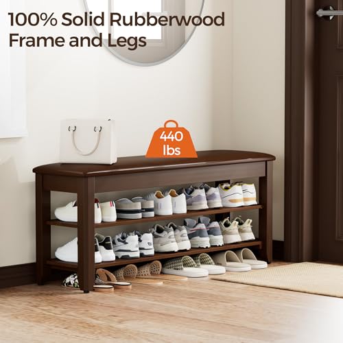 Homleke Shoe Rack Bench with Flip-Top Storage, Solid Wood Entryway Bench with Cushion, Adjustable Shelf, for Hallway, Mudroom, Closet – Walnut, 39.4" - color: Walnut, size: 39.4"