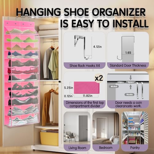 Kotkn Over The Door Shoe Organizer with 12 Large Breathable Pockets - Durable Hanging Storage for the Entire Family's Shoes (Pink) - color: Pink