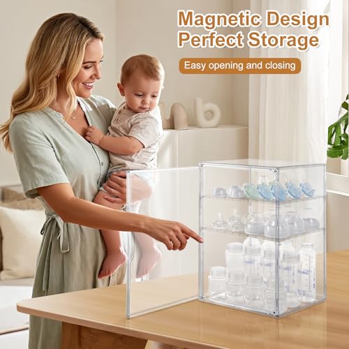 ERTIUANIO Baby Bottle Organizer – 3 Tier Bottle Storage Organizer Baby for Nipples, Pump Parts, Food Jars – Clear Acrylic Bottle Station Organizer for Countertop and Kitchen, Gifts for New Mom - size: X-Large, style: 3-Tier Single-Door
