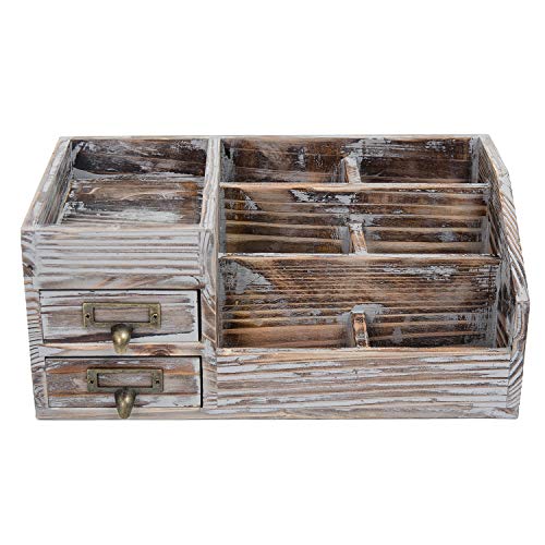 Liry Products Rustic Torched Wooden Desktop Organizer Dark Brown Tabletop Storage Cabinet Stepped Rack Multiple Compartments 2 Tier Drawers Makeup Accessory Sorter Display Box Home Office Supplies - color: Rustic Brown