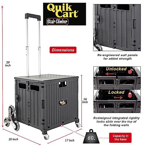dbest Products Quik Cart Stair Climber Wheeled Rolling Crate Teacher Utility with seat Heavy Duty Collapsible Basket with Handle, 18" D x 17" W x 39" H, Black - color: Black, style: Stair Climber