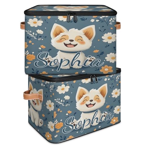 Custom Storage Basket with Name, Personalized Storage Bins with Zipper Lid, Foldable Fabric Storage Box Large capacity with Handle Flower Dog - color: Option 11