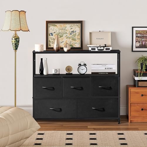 TV Stand, 5 Fabric Drawers Dresser Entertainment Center for TV up to 45 inch Wooden Media Console Table Storage Organizer with Open Shelf, for Living Room, Bedroom, or Small Space, Black - color: Black, size: 5 Drawers