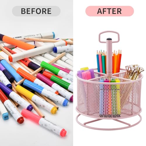 Marbrasse Mesh Desk Organizer, 360-Degree Rotating Multi-Functional Pen Holder, 4 Compartments Desktop Stationary Organizer, Home Office Art Supply Storage Box Caddy (Pink) - color: Pink