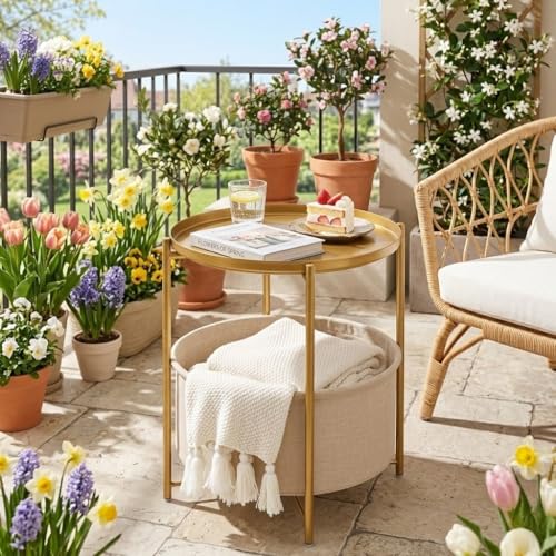 danpinera Round Side Table with Fabric Storage Basket, Metal Side Small Bedside Table Nightstand with Removable Tray Top for Living Room, Bedroom, Nursery, Bathroom, Gold - color: Gold