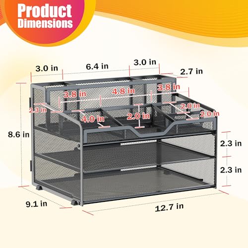 Docnest 3 Tier Mesh Desk Organizer for Paper Office Supplies – Multi-Functional Letter Tray with 5 Adjustable Compartments, 3 Pen Holders, Desktop Storage for Files, Mail, Stationery – Black - color: Black, size: 12.7" x 9.1" x 8.6"