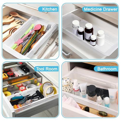 4 PCS Deep Drawer Organizer Bin Adjustable Sliding Drawer Organizers Clear Expandable Transparent Organizer Trays for Home Office Kitchen Makeup Storage Tools