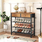 Kitstorack Shoe Rack, 4 Tier Shoe Organizer for 9-12 Pairs of Shoes, with 2 Drawers, 3 Fabric Shelves and Wooden Top, Shoe Rack for Closet Entryway, Rustic Brown