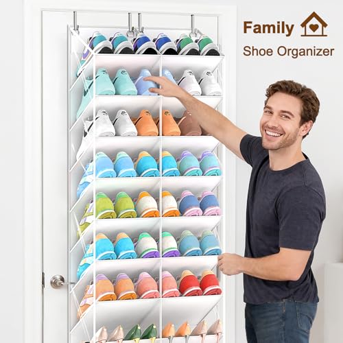 UVIAHOMI 20-30 Pairs Over the Door Shoe Organizer, Clear Pockets Hanging Shoe Storage for Closet, 10-Tier Door Shoes Rack, Handing Shoes Holder Fit All the Family's Sneakers, Boots, Heels, White - color: White