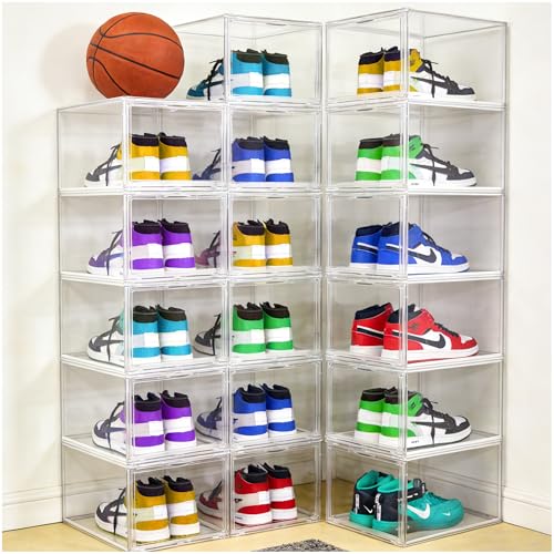 2 Pack Drop Front Shoe Boxes Fit US Size 13, Acrylic Shoe Organizer Clear Stackable Sneaker Sotrage Box for Entryway, Home, Underbed, Multiple Display Cases for Cosmetic, Hats, Figures, Sneakers - size: Large Size 13-14