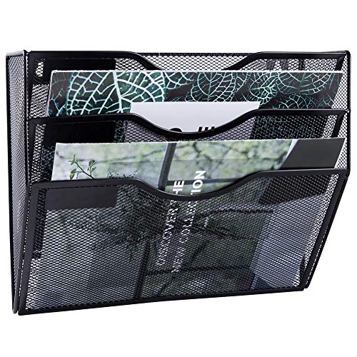 EASEPRES 3 Pocket Mesh Hanging Wall File Organizer, Wall Mounted Mail Paper Document Folder Holder, Clipboard Storage Organization Magazine Rack with Nametag Label for Office Home School, Black - color: Black, size: 3 Tier