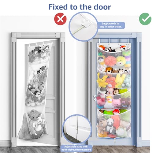 Woodoulogy Hanging Stuffed Animal Storage, Over Door Large Plush Toy Organizer with Metal Hook, Baby Accessory Holder Idea for Nursery, Doll & Bear Mesh Hammock Bag for Girl Boy Kid Room - color: White