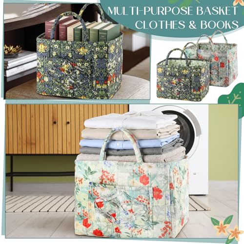 2 Pcs Quilted Fabric Storage Basket with Handles 13"x11"x10.6" Boho Foldable Floral Laundry Organizer Bin for Home Picnic Shopping Travel
