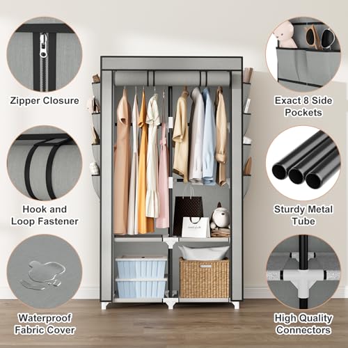 Portable Closet for Hanging Clothes, Portable Wardrobe Closet with Cover, 4 Storage Shelves, 2 Hanging Rods and 8 Side Pockets, Easy Assembly and Sturdy Free Standing Closet for Bedroom, Grey - color: Grey