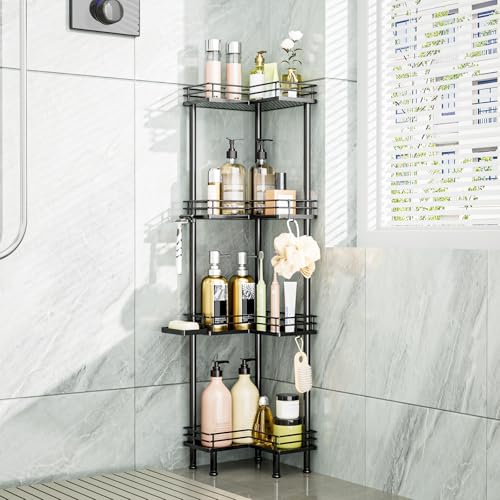 Consumest Corner Shower Caddy Standing - 4-Tier Stainless Steel Shower Organizer with Soap Holder and 4 Hooks, Large Capacity Corner Shelf Stand for Bathroom, Rest Room, Black - color: Black, size: 4 Tier
