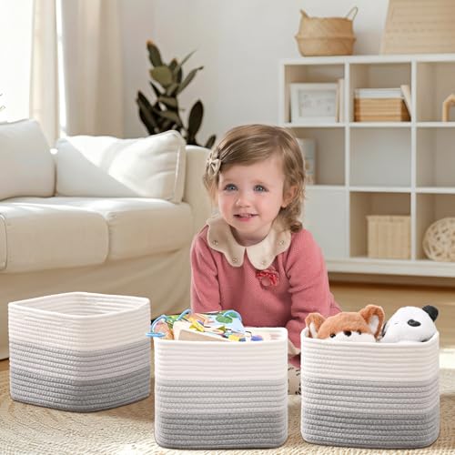3 Pack Cube Storage Bin, 9”x9”x7” Cotton Rope Woven Baskets for Organizing Toys Clothes Towels, Square Gift Storage Baskets for Shelves, Nursery, Closet, Bathroom, Pantry (3-Tone Gray) - color: 3-Tone Gray, size: 9" x 9" x 7"