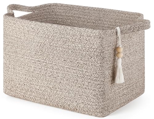 Mkono Woven Storage Basket, Cube Cotton Rope Basket for Shelves, Clothes, Toys, Towels, Books, Rectangle Bin with Handles for Organizing, Decorative Gift, 13'' x 10'' x 9'', Brown (1 Pack) - color: Brown