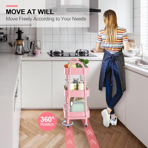 EAGMAK 3 Tier Utility Rolling Cart, Metal Storage Cart with Handle and Lockable Wheels, Multifunctional Storage Organizer Trolley with Mesh Baskets for Kitchen, Living Room, Office, Garage (Pink) - color: Pink, size: Normal