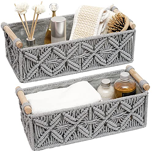 Macrame Storage Basket Boho Decor Baskets for Organizing Woven Decorative for Countertop Toilet Paper Basket for Tank Top for Home Decor Bedroom Nursery Livingroom Entryway (Set of 2,Grey) - color: grey