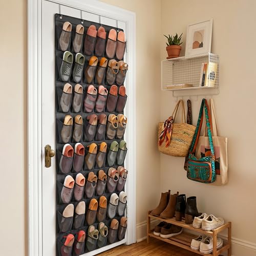 48 Pockets Over The Door Shoe Organizer, Large Mesh Hanging Shoe Rack, 6-Column Heavy Duty Shoe Storage for Sneakers and Heels, Behind Door Holder for Entryway Bedroom Dorm College, Black - color: Black