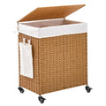 Handwoven Hamper with Lid, Laundry Basket with Wheels, Machine Washable Liner, 2 Section Clothes Hamper for Bathroom Laundry Room Bedroom, Rattan, 125L - color: Rattan/With Lid/125L