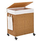Handwoven Hamper with Lid, Laundry Basket with Wheels, Machine Washable Liner, 2 Section Clothes Hamper for Bathroom Laundry Room Bedroom, Rattan, 125L - color: Rattan/With Lid/125L