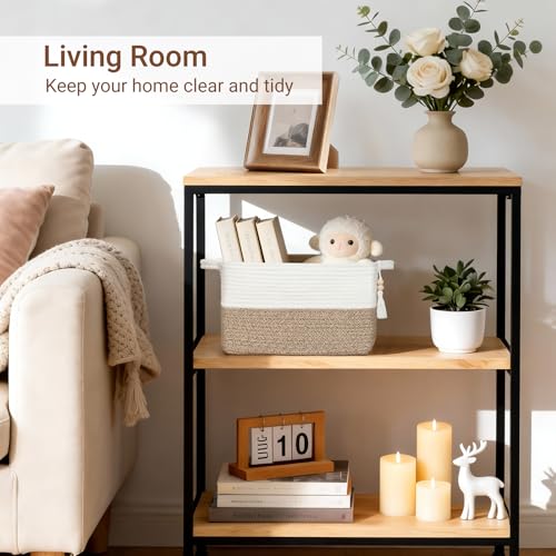 Mkono Woven Storage Basket, Cube Cotton Rope Basket for Shelves, Clothes, Toys, Towels, Books, Rectangle Bin with Handles for Organizing, Decorative Gift, 13'' x 10'' x 9'', Brown and White (1 Pack) - color: Brown and White