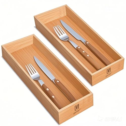 guiogc Bamboo Drawer Organizer, Utensil Organizer for Kitchen, Bamboo Storage Box Wood Silverware Tray for Drawer Set of 2 - size: 11.8" x 4" x 1.35"