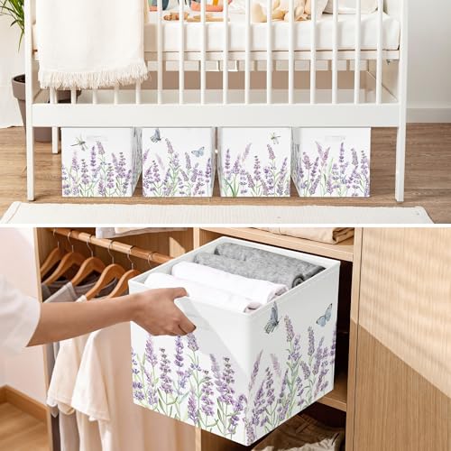 11.8" Wild Flower Storage Cube Organizer Set 3Pcs Clothes Storage Basket Bin for Closet Shelf Garden Butterfly Nursery Kid Room Book Toy Chest, Lavender - color: Lavender