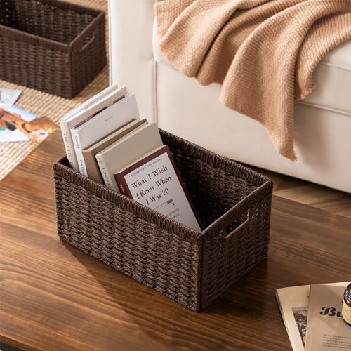 UBBCARE 4 Pack Wicker Basket, 13.4L×8.3H×7.1W inch Woven Paper Rope Storage Baskets for shelves, Foldable Rectangular Storage Baskets with Handle, Storage Basket for Organizing, Dark Brown - color: Dark Brown, size: 4pack Medium