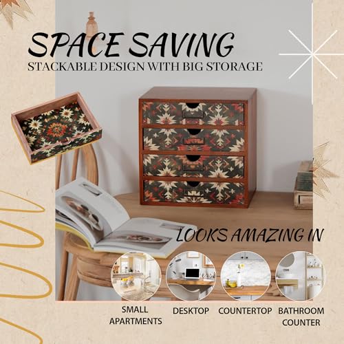 Boho Green Wooden Desk Organizer with Drawers – 4-Drawer Desktop Storage Box – Rustic Tribal Wood Desk Organizer for Office, Vanity, or Craft Supplies – Compact & Stylish Wooden Storage Drawers - color: Dark Tribal Boho