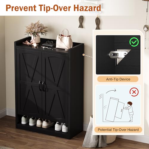 BINGTOO 45" Tall Farmhouse Shoe Storage Cabinet with Doors, Large Shoe Organizer with 4 Adjustable Shelves, Extra Deep Wooden Shoe Rack for Entryway, Foyer, Hallway (Black, 1 Cabinet) - color: Black, size: 1 Cabinet