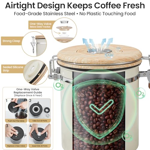 Veken Coffee Canister, Airtight Stainless Steel Kitchen Food Storage Container with Date Tracker and Scoop for Beans, Grounds, Tea, Flour, Cereal, Sugar, Cookie, 16OZ, Cream - color: Cream, size: 16 oz