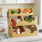Upgraded 3 Tier Bamboo Pantry Storage Bins,Large potato storage With 2 Banana Hangers,Stackable Potato and Onion Storage Bin with Airflow Vent, Pantry Baskets, Vegetable Storage,for Kitchen Countertop